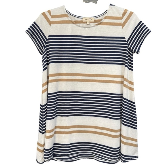 Puella Striped Swing Tunic Top Women’s XS Short Sleeve Navy Tan - Picture 1 of 6